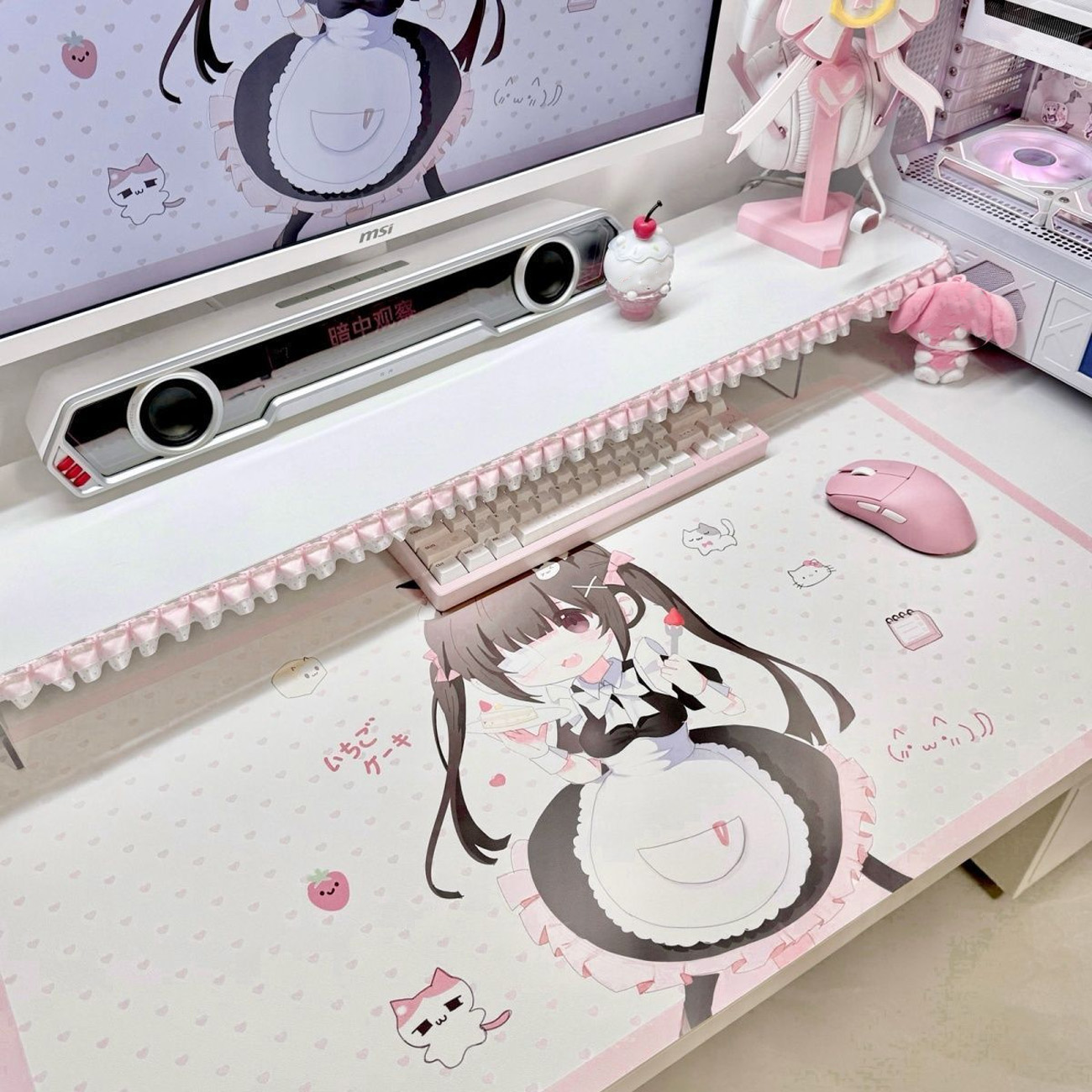 Leather Desk Pad - แผ่นรองโต๊ะหนัง PU ลายสาวเมดอนิเมะน่ารัก ลายจุดสีชมพู แผ่นรองเมาส์ลายแมว กันน้ำ